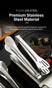 Thickened stainless steel steak tongs with slotted design for grilling and cooking