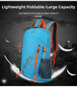 Detail showing high-capacity foldable backpack with durable blue fabric and orange trim