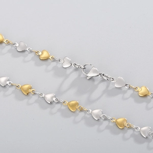 Polished stainless steel heart link chain in gold and silver finish with lobster clasp