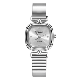 Elegant Dinimi square silver quartz watch for women with stylish metal elastic band