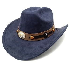 Detailed view of the cowboy hat featuring a longhorn metal buckle and leather strap