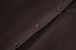 Detailed macro view of dark brown poplin shirt featuring color-matched four-hole buttons
