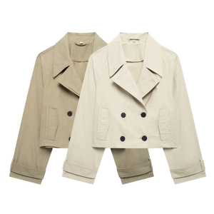 Close-up of double-breasted buttons and classic lapel design on khaki cropped jackets