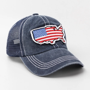 Detailed side view of distressed denim baseball cap with USA flag embroidery and mesh back
