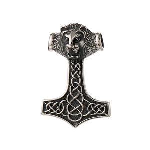 Pendentif Marteau de Thor vintage avec tête de lion et nœuds celtiques en acier