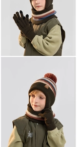 Detail of kids knit winter set with striped beanie, scarf and touchscreen gloves