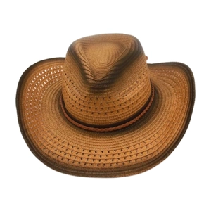 Chapeau de cowboy bohème en paille dégradé marron avec tissage ajouré et larges bords