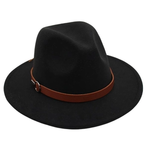 Close-up of black wool fedora hat featuring a brown leather band and silver metal buckle