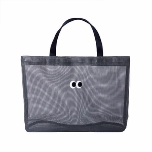 Large grey mesh beach tote bag featuring cartoon eye applique and breathable design