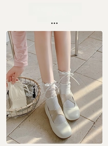 Detail of white Lolita socks featuring ruffled edges and delicate silk ribbons