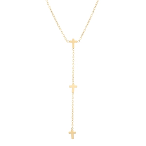 Elegante collana a Y in acciaio al titanio dorato con tre ciondoli a croce su catena