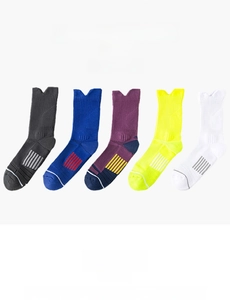 Detail view of five assorted sports crew socks in grey, blue, burgundy, yellow, and white