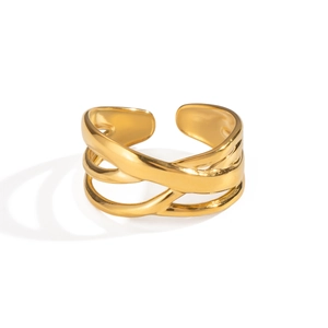 Detailed view of the layered cross-winding design on this gold adjustable open ring