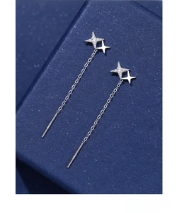 Macro shot of S925 sterling silver star threader earrings with clear rhinestones