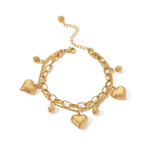 Double-layered 18K gold plated stainless steel bracelet with hollow heart charms and beads