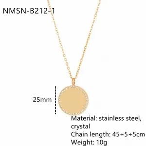 Detailed view of golden heart circle pendant necklace with crystal and size specs
