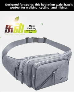 Detail of grey sports waist pack with multiple zipper pockets and adjustable buckle strap