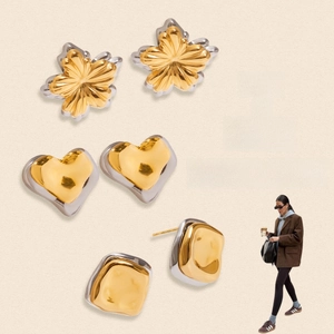 Detailed set of mixed metal flower and heart stud earrings with high mirror finish