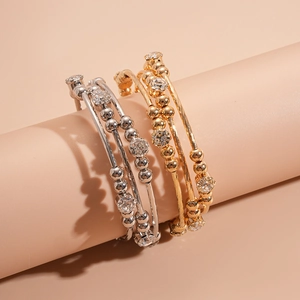 Retro multi-layer geometric open cuff bracelet set with sparkling crystals in gold and silver