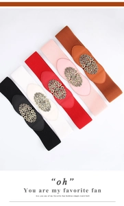 Detailed view of elastic wide belts with vintage floral buckles in five diverse colors