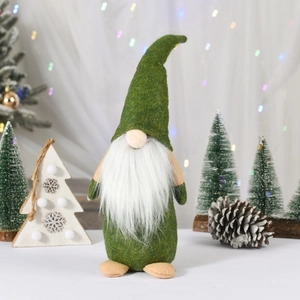 Standing Christmas moss green gnome plush with long white beard and star light background
