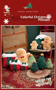 Plush Christmas pillows in gingerbread man and tree shapes with soft teddy fleece texture