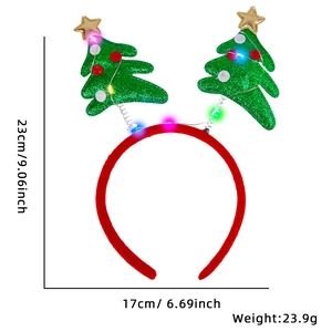 Vue détaillée du serre-tête sapin de Noël LED avec dimensions 23cm x 17cm et poids inclus