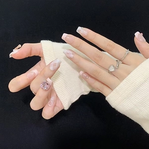 Pink White Plaid Press On Nails Bowknot Rhinestone Heart French Style Detachable Long Square Fake Nails Women