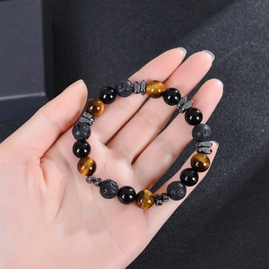Handmade 10mm tiger eye, lava rock and hematite beaded bracelet for men and women
