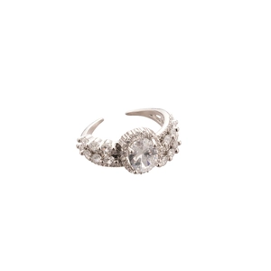 Elegant adjustable open ring with oval cubic zirconia and pearl halo design in silver