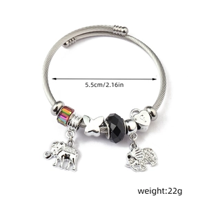 Detail view of elephant charm bracelet with 5.5cm diameter and silver braided wire cord