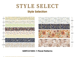 Detail showing 12 rolls of floral washi tape with varied widths for DIY scrapbooking