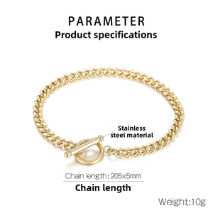 Polished golden stainless steel toggle bracelet with product size specifications
