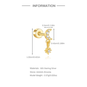 Detailed specifications of gold S925 sterling silver moon and star stud with zirconia