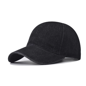 Classic washed black denim baseball cap with minimalist six-panel design on white background