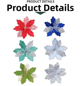 Detail view of glitter artificial poinsettia flowers in six vibrant colors for Christmas