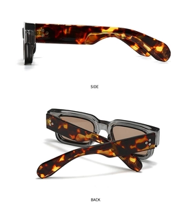 Side and back view of retro square tortoiseshell sunglasses with star metal rivets