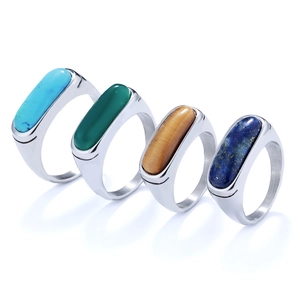 Men Vintage Stainless Steel Ring Natural Stone Turquoise Tiger Eye Lapis Lazuli Retro Street Style Jewelry