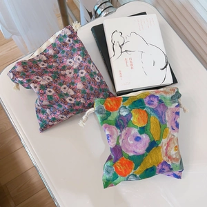Floral Drawstring Pouch Cotton Canvas Storage Bag Retro Oil Painting Style Portable Makeup Organizer For Women