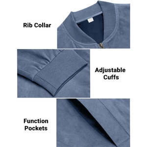 Blue faux suede bomber jacket featuring rib collar and cuffs with functional pockets