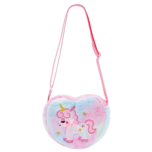 Detail of heart-shaped plush crossbody bag with colorful unicorn embroidery and strap