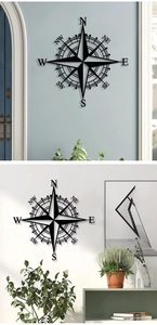 Detailed view of black metal compass wall decor displayed in living room scenes