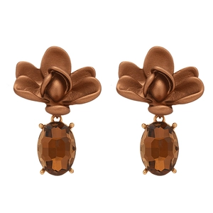 Vintage gold plated flower earrings with amber zircon drop in a Maillard brown style