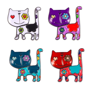 Cute cartoon cat enamel pins in white, purple, blue, and red with floral heart patterns