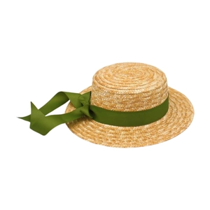 Elegant wide brim boater straw hat with olive green ribbon bow for summer sun protection