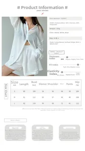Detailed size chart and specifications for the white long sleeve shirt and shorts set