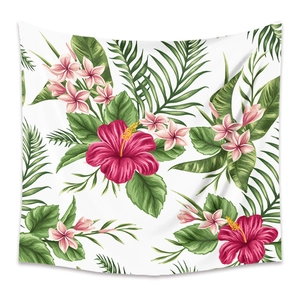 Detail of tropical tapestry with vibrant hibiscus flowers and lush palm leaves pattern