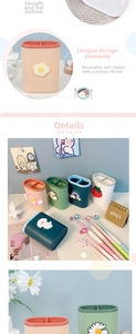 Macro detail of multi-compartment macaron desk organizer with cute 3D cartoon icons