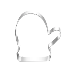 Detailed view of glove shaped stainless steel cookie cutter with polished metallic edges