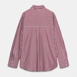 Women's casual striped poplin shirt in fuchsia and white with long sleeves and back pleat